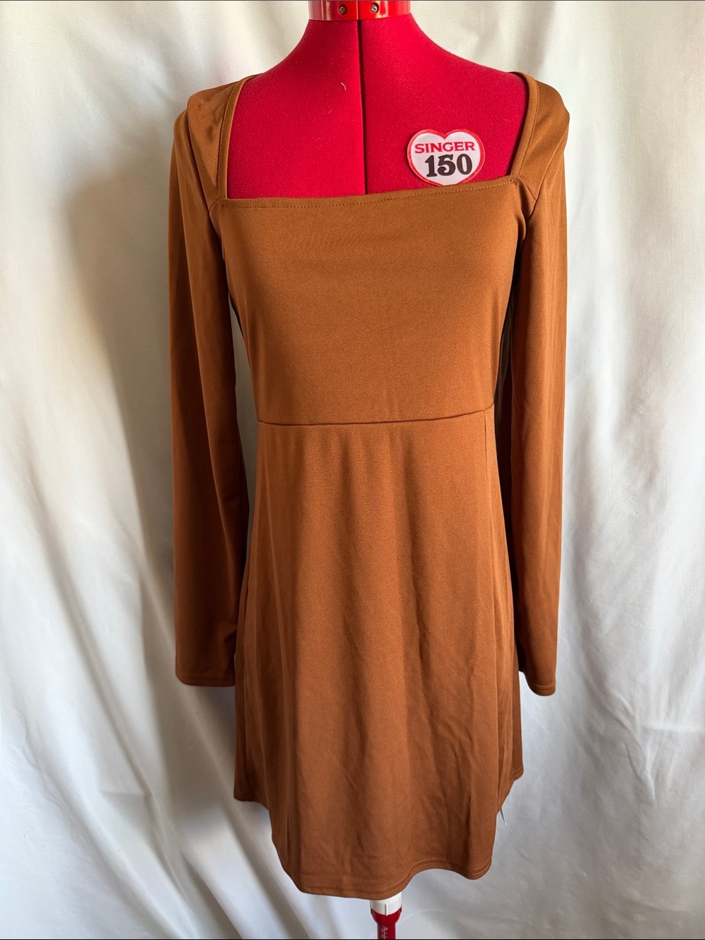 Square Neck Long Sleeve Dress in Rust Brown